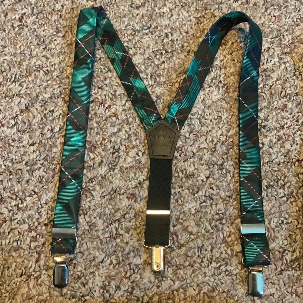 Bundle of youth boys suspenders & bow ties Green plaid Holiday winter - Picture 3 of 5